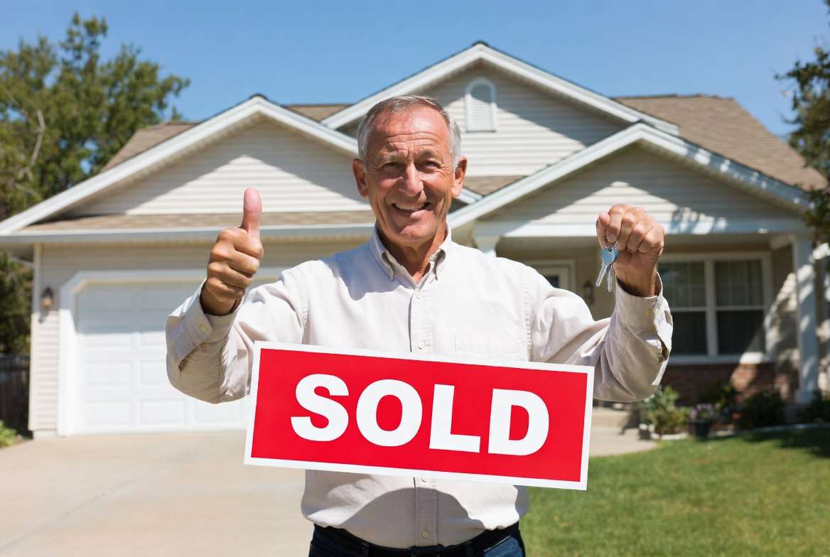 Happy Home Seller with SOLD sign